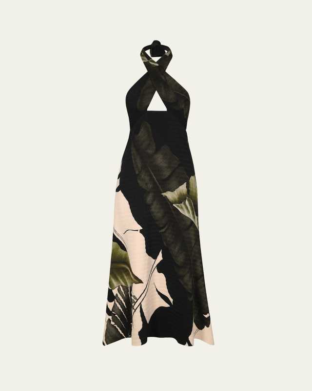 Elegant Expedition Printed Crossover Halter Ankle Dress